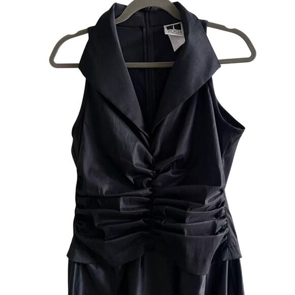 Tadashi Shoji Navy Blue Satin Ruched Tuxedo Collared Style Evening Dress Gown - Picture 2 of 5